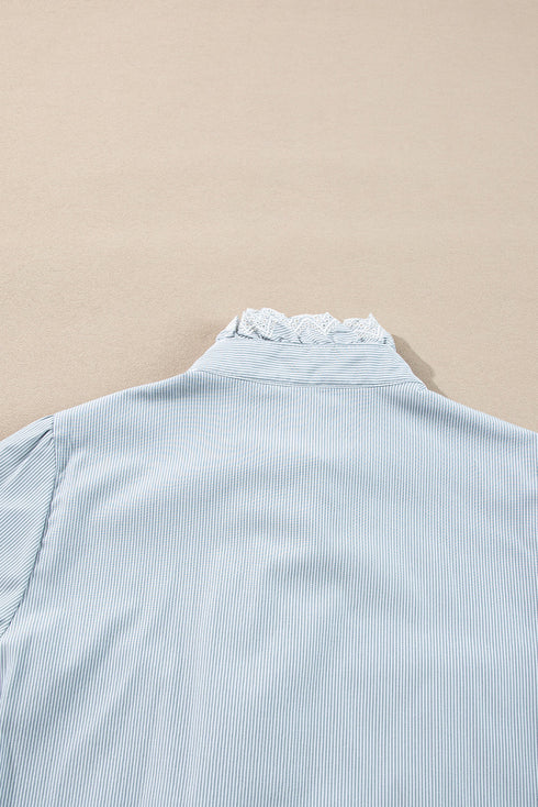 Striped Ruffled Eyelet Trim Cotton Button Down Shirt