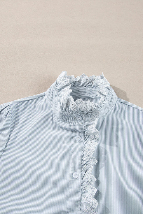 Striped Ruffled Eyelet Trim Cotton Button Down Shirt