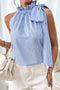 Striped Ruffled High Neck Sleeveless Tie Blouse