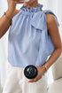 Striped Ruffled High Neck Sleeveless Tie Blouse
