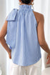 Striped Ruffled High Neck Sleeveless Tie Blouse