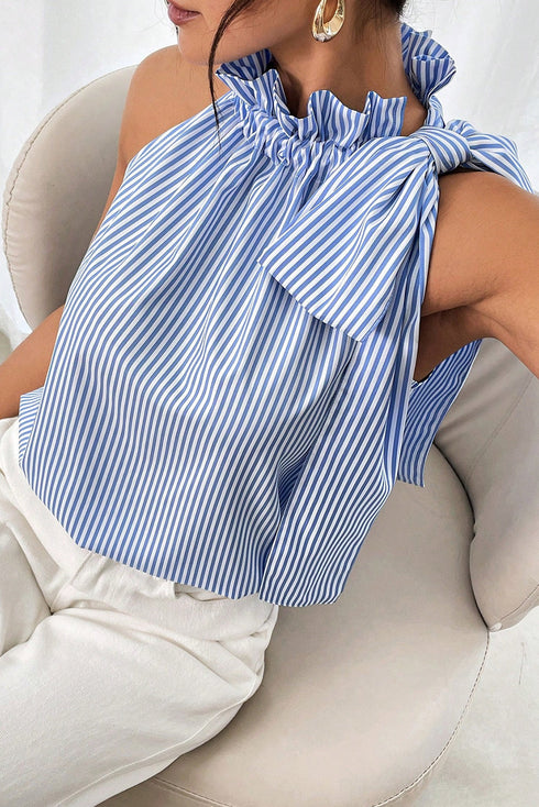 Striped Ruffled High Neck Sleeveless Tie Blouse