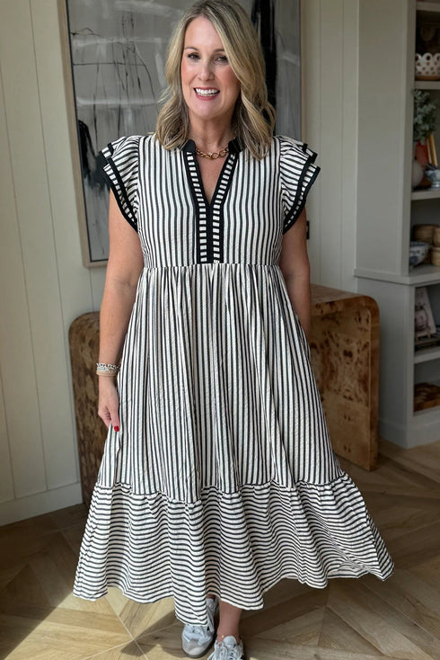 Striped Ruffled Sleeve Contrast Trim V Neck Midi Dress