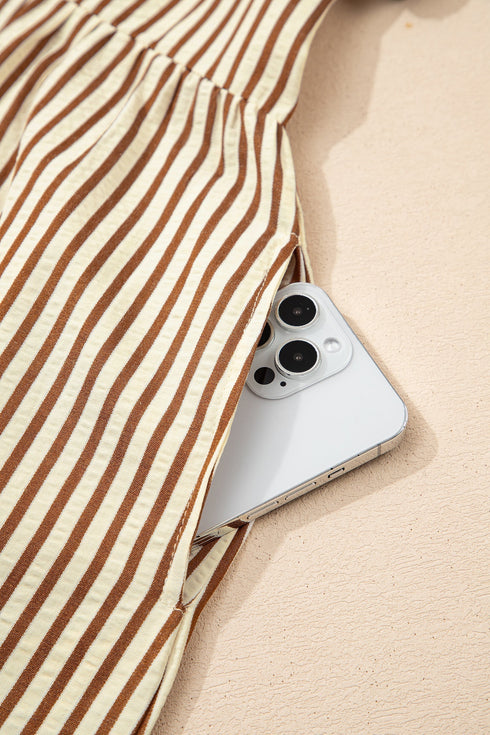 Striped Ruffled Sleeve Contrast Trim V Neck Midi Dress