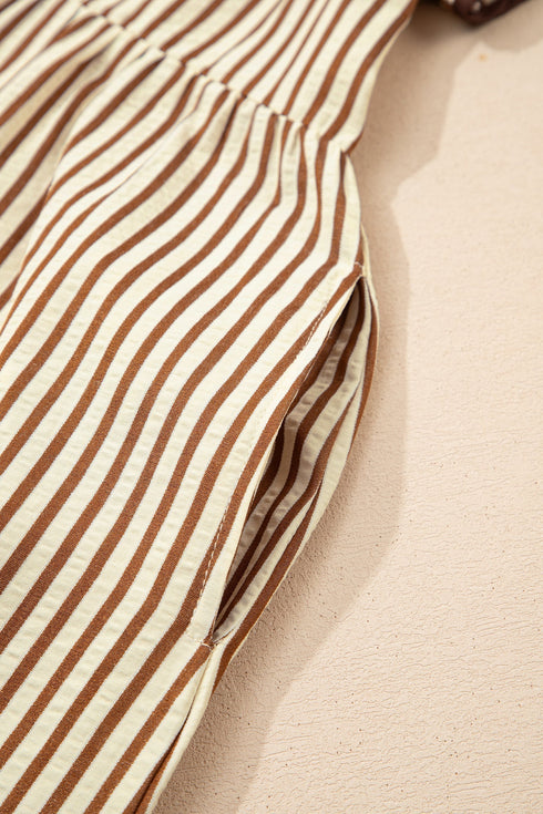 Striped Ruffled Sleeve Contrast Trim V Neck Midi Dress