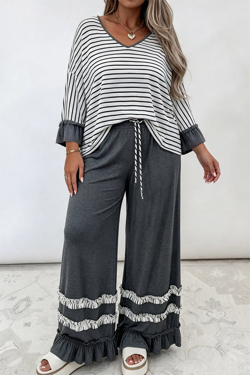 Striped Ruffled V Neck Bracelet Sleeve Cotton Pullover Top