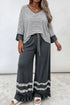 Striped Ruffled V Neck Bracelet Sleeve Cotton Pullover Top