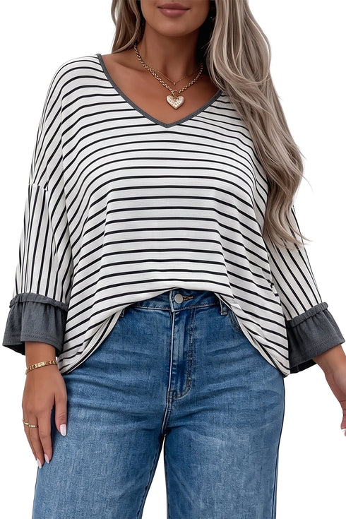 Striped Ruffled V Neck Bracelet Sleeve Cotton Pullover Top