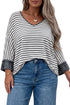 Striped Ruffled V Neck Bracelet Sleeve Cotton Pullover Top
