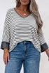 Striped Ruffled V Neck Bracelet Sleeve Cotton Pullover Top