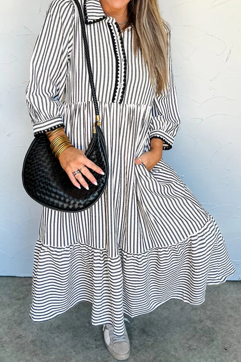 Striped Scallop Trim Half Button Three Quarter Sleeve Maxi Dress