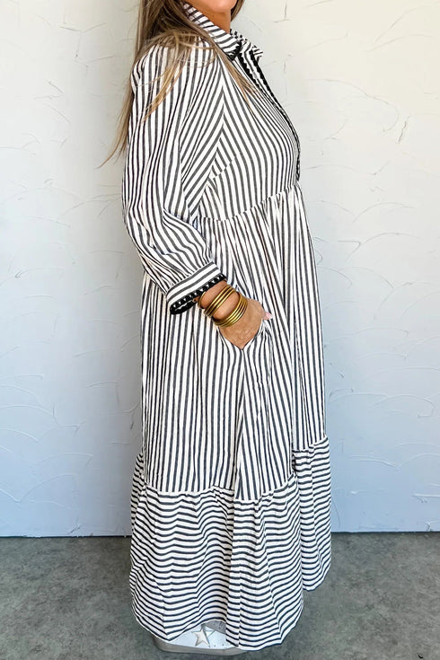 Striped Scallop Trim Half Button Three Quarter Sleeve Maxi Dress