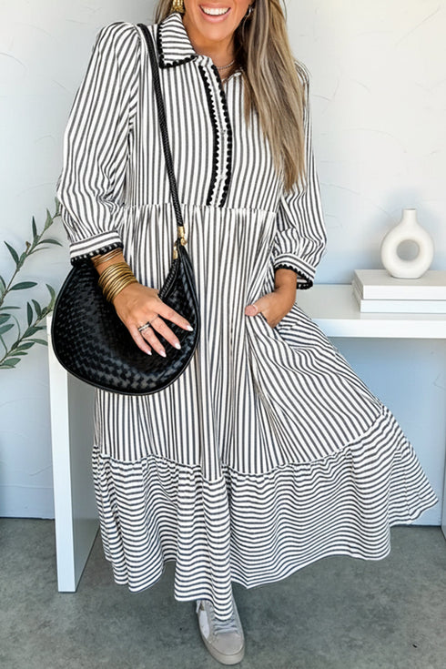 Striped Scallop Trim Half Button Three Quarter Sleeve Maxi Dress