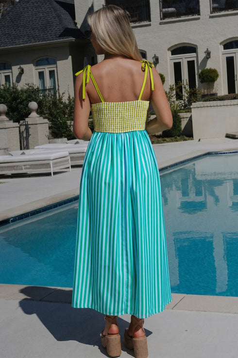 Striped Scalloped Patchwork Knot Strap A Line Maxi Dress