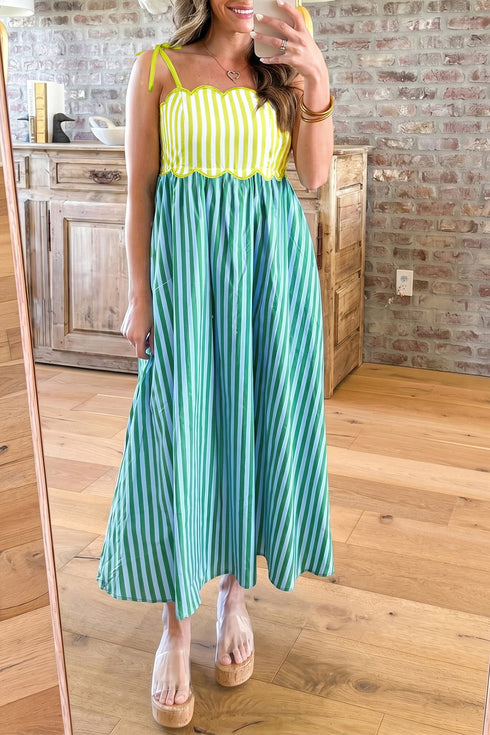 Striped Scalloped Patchwork Knot Strap A Line Maxi Dress