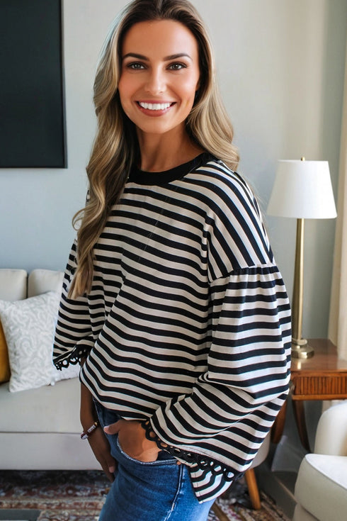 Striped Scalloped Sleeve Drop Shoulder Relaxed Fit Top