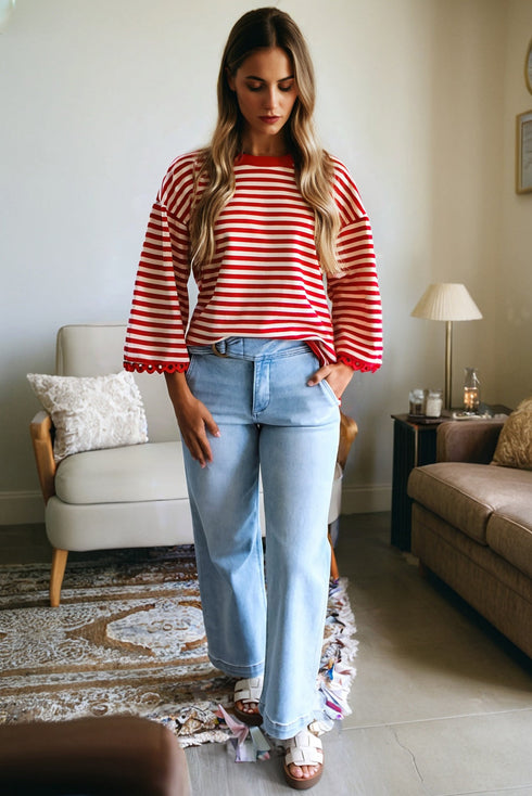 Striped Scalloped Sleeve Drop Shoulder Relaxed Fit Top
