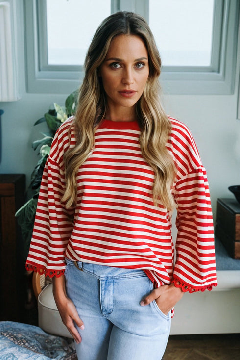 Striped Scalloped Sleeve Drop Shoulder Relaxed Fit Top