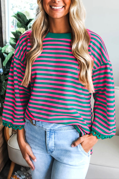 Striped Scalloped Sleeve Drop Shoulder Relaxed Fit Top