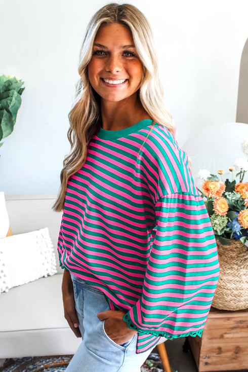 Striped Scalloped Sleeve Drop Shoulder Relaxed Fit Top