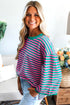 Striped Scalloped Sleeve Drop Shoulder Relaxed Fit Top