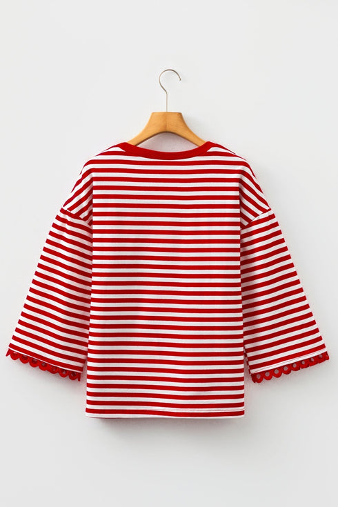 Striped Scalloped Sleeve Drop Shoulder Relaxed Fit Top