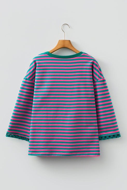 Striped Scalloped Sleeve Drop Shoulder Relaxed Fit Top