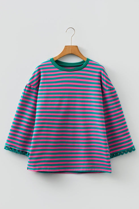 Striped Scalloped Sleeve Drop Shoulder Relaxed Fit Top