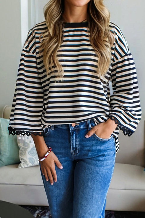 Striped Scalloped Sleeve Drop Shoulder Relaxed Fit Top