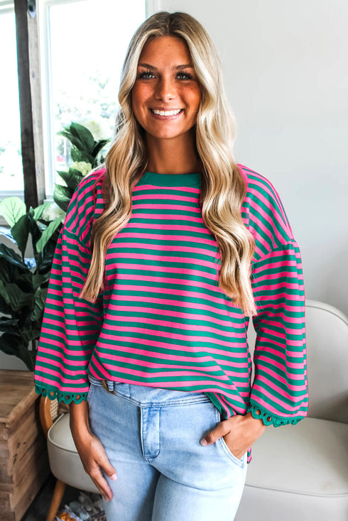 Striped Scalloped Sleeve Drop Shoulder Relaxed Fit Top