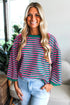 Striped Scalloped Sleeve Drop Shoulder Relaxed Fit Top