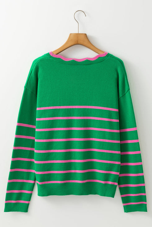 Striped Scalloped Trim Bow Front Knit Cardigan