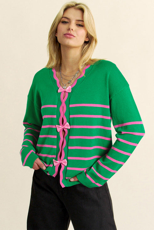 Striped Scalloped Trim Bow Front Knit Cardigan