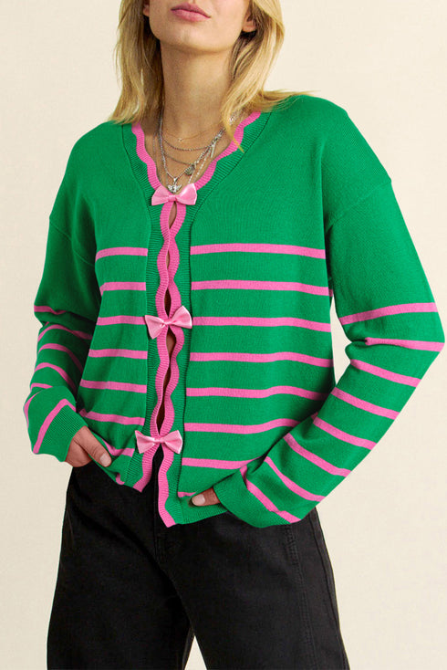 Striped Scalloped Trim Bow Front Knit Cardigan