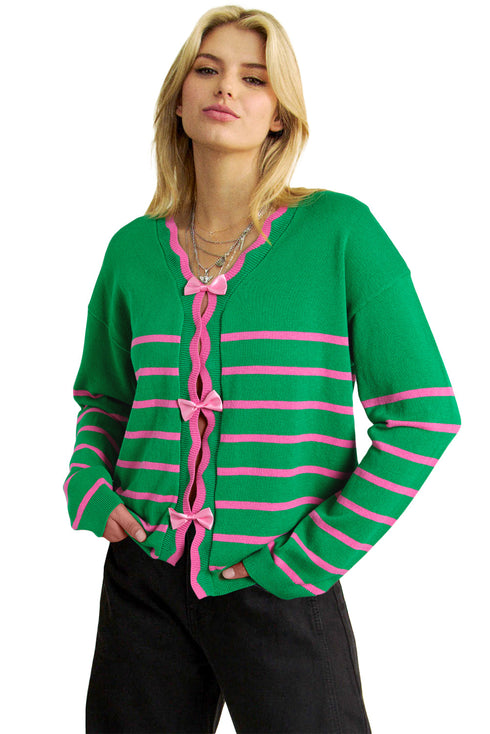 Striped Scalloped Trim Bow Front Knit Cardigan