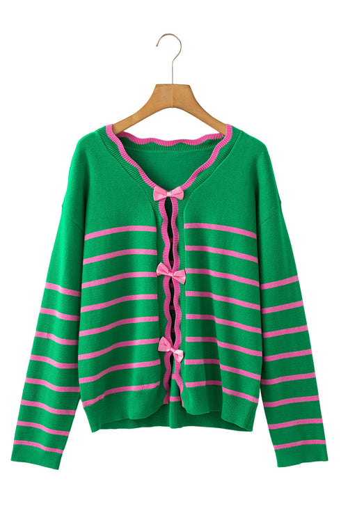 Striped Scalloped Trim Bow Front Knit Cardigan