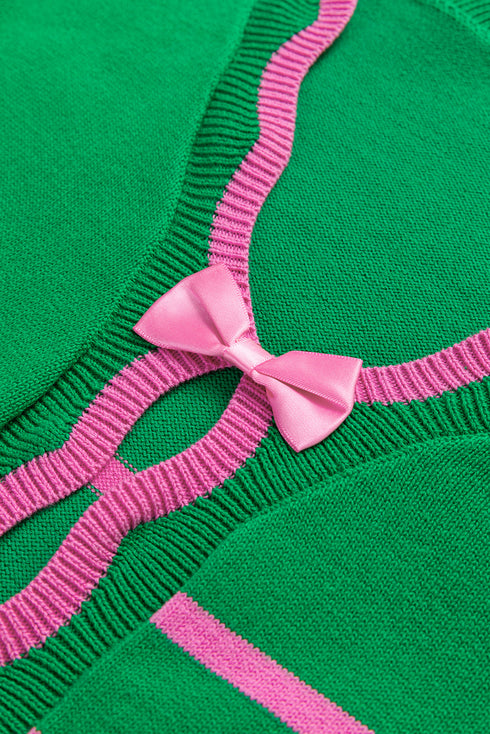 Striped Scalloped Trim Bow Front Knit Cardigan
