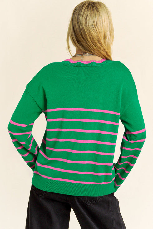 Striped Scalloped Trim Bow Front Knit Cardigan