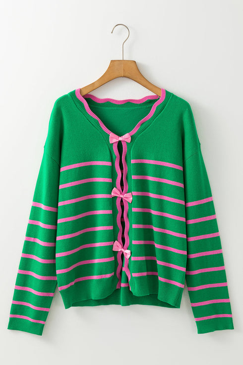 Striped Scalloped Trim Bow Front Knit Cardigan