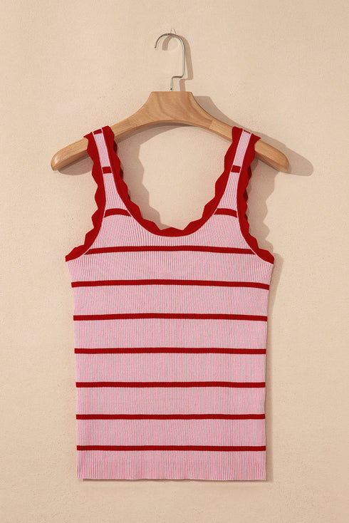 Striped Scalloped Trim Ribbed Knit Tank Top