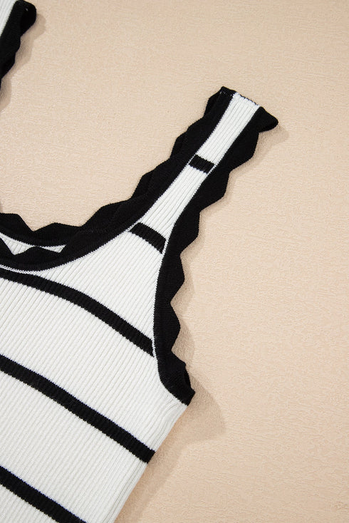 Striped Scalloped Trim Ribbed Knit Tank Top