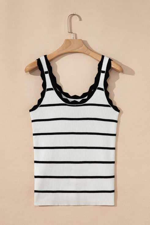Striped Scalloped Trim Ribbed Knit Tank Top