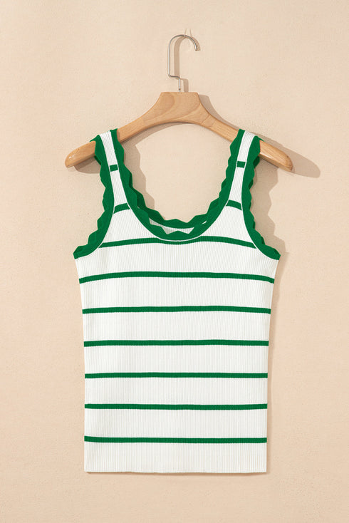 Striped Scalloped Trim Ribbed Knit Tank Top