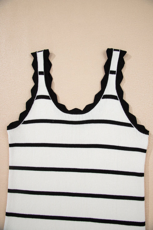 Striped Scalloped Trim Ribbed Knit Tank Top