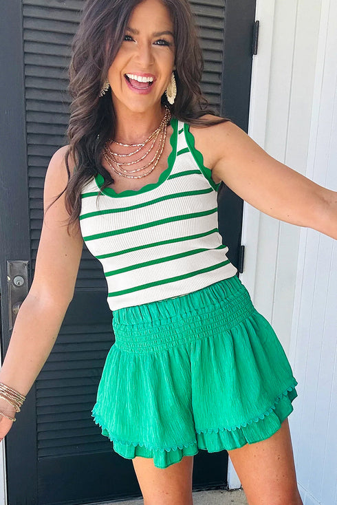 Striped Scalloped Trim Ribbed Knit Tank Top