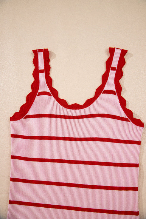 Striped Scalloped Trim Ribbed Knit Tank Top