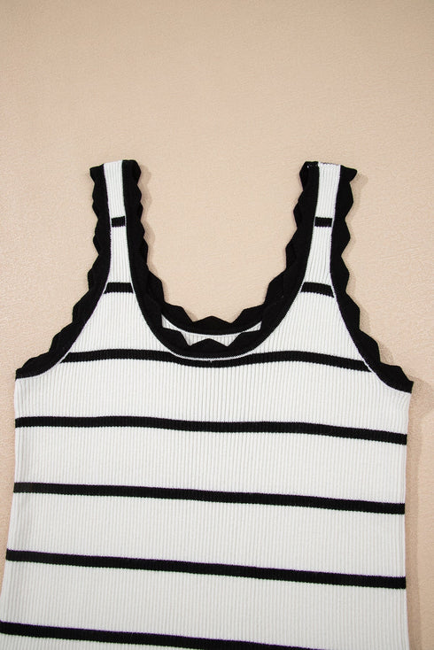 Striped Scalloped Trim Ribbed Knit Tank Top