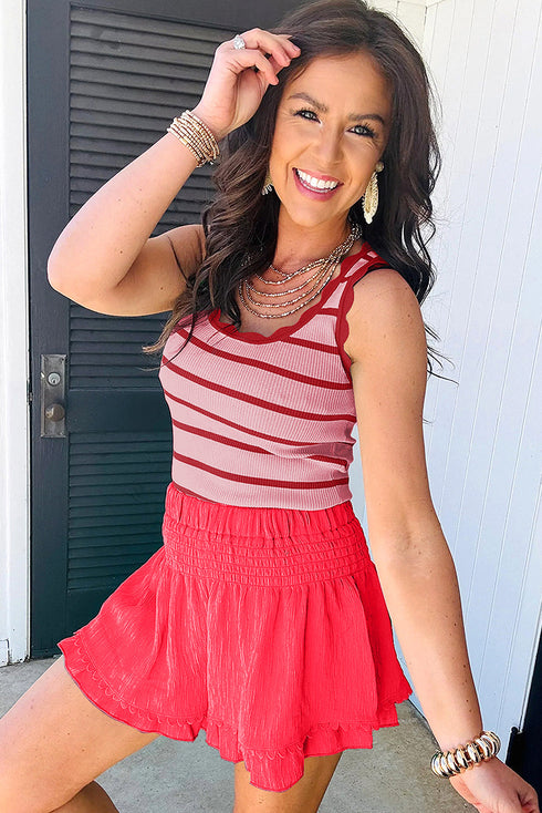 Striped Scalloped Trim Ribbed Knit Tank Top