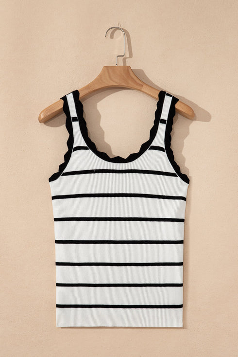 Striped Scalloped Trim Ribbed Knit Tank Top