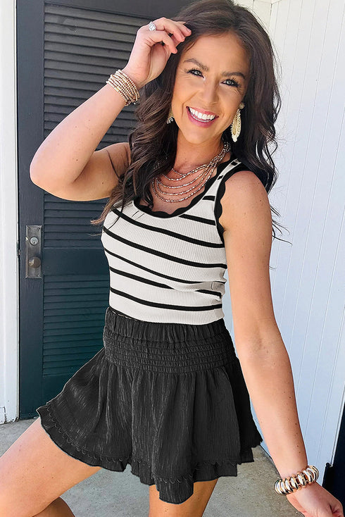Striped Scalloped Trim Ribbed Knit Tank Top